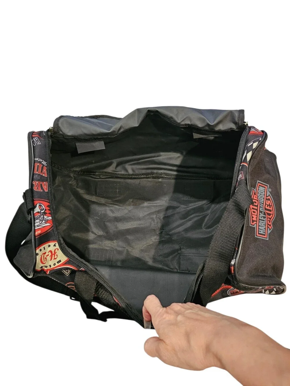 Harley-Davidson Black, Orange & Cream Patchwork Duffle Bag EUC